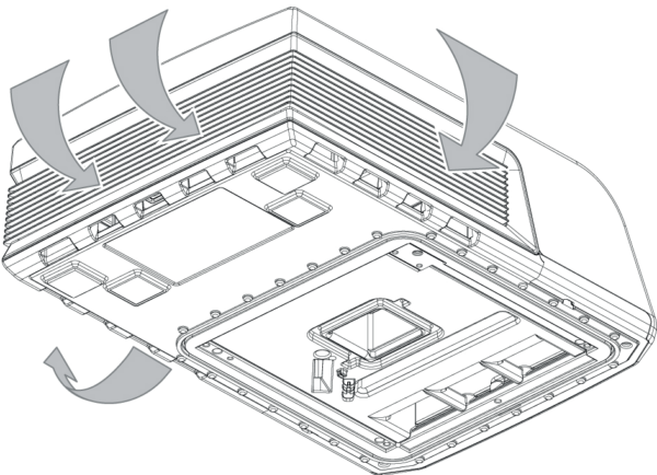 Technical line drawing of the Mecair roof unit, showcasing its compact dimensions and aerodynamic design.